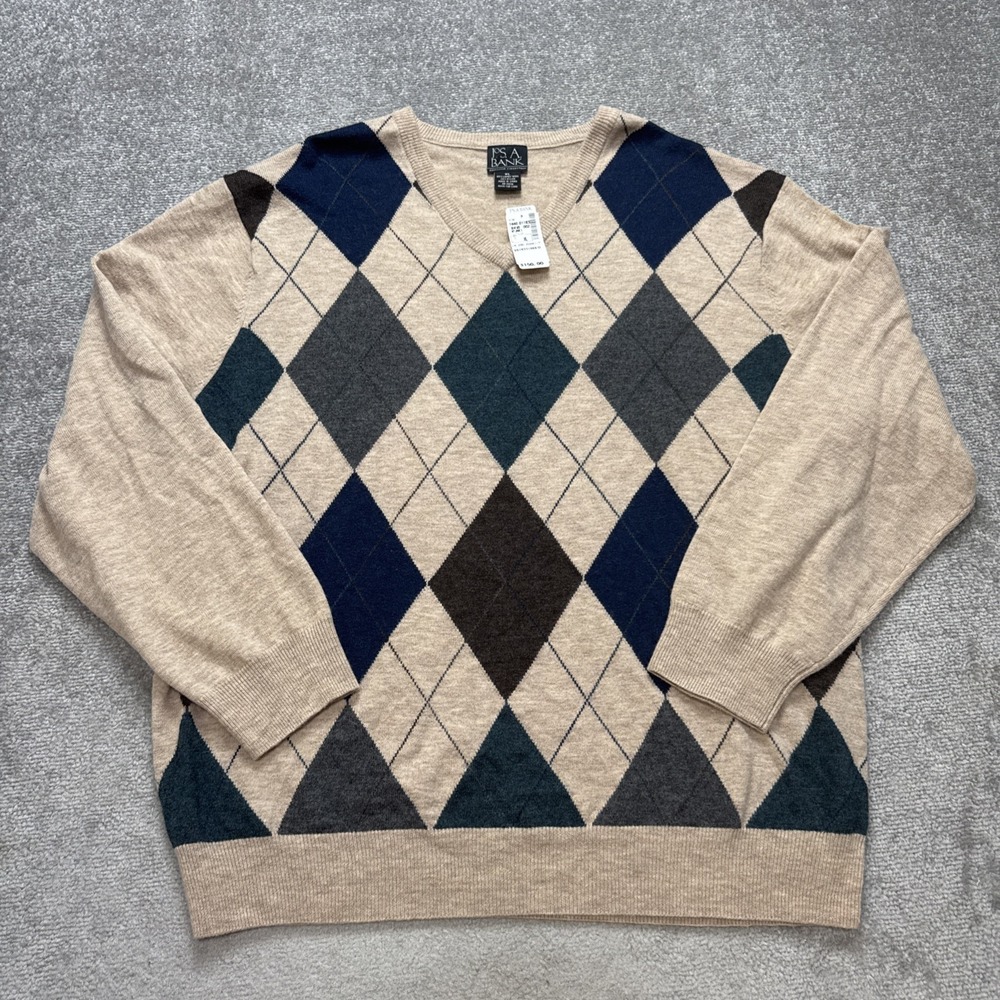 NWT Lambs Wool XL Sweater Argyle Tan Jos A Bank Executive V Neck Blue MSRP $150